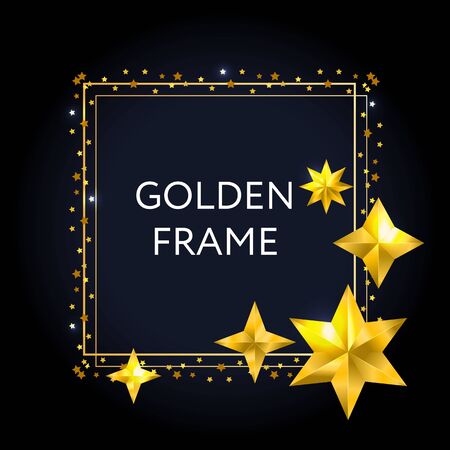 Vector golden frame. Shining rectangle banner. Isolated on black transparent background. Vector illustrationのイラスト素材