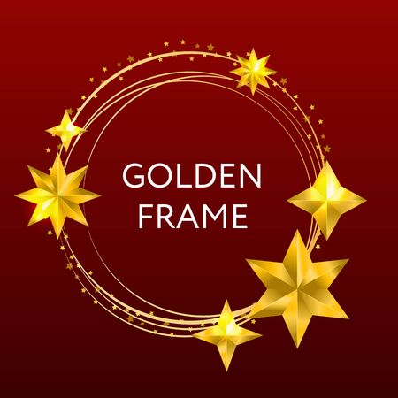Round, black banner with polygonal frame, decorated with gold and black stars on light background.のイラスト素材