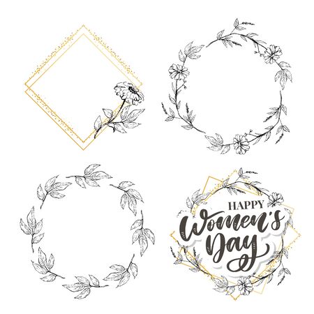 8 march. Happy Woman's Day Vector congratulation card with linear floralのイラスト素材