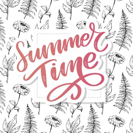 Green summer time letter flowers in modern style on colorful background. Greeting invitation vector illustration. Floral bouquet decoration.のイラスト素材
