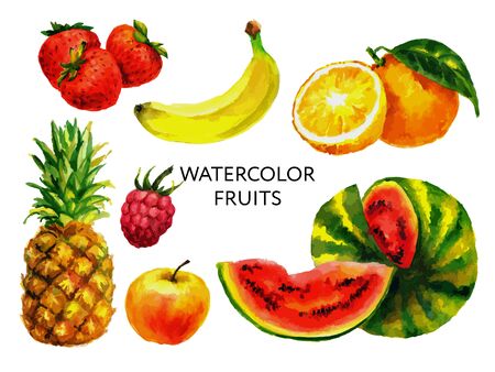 Set of fruits in watercolor style. Isolated. . Collection fruits watercolor healthy food freshのイラスト素材
