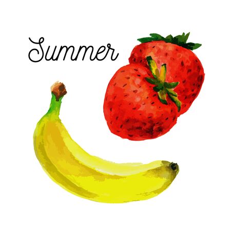 Bananas and fresh strawberries watercolor vectorのイラスト素材
