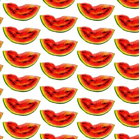 Watermelon seamless watercolor pattern, juicy piece, summer composition of red slices of watermelon....