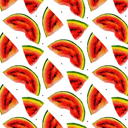 Watermelon  seamless watercolor pattern, juicy piece, summer composition of red slices of...