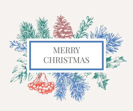 Christmas Poster - Illustration. Lettering Vector illustration of Christmas Frame with branches of christmas tree.のイラスト素材