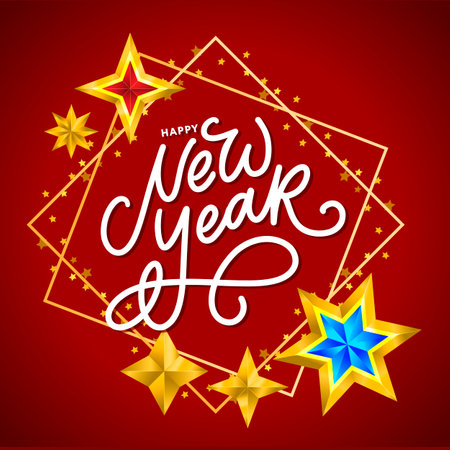 Happy New Year 2020. Lettering Composition With Stars And Sparkles. Holiday Vector Illustration frameのイラスト素材