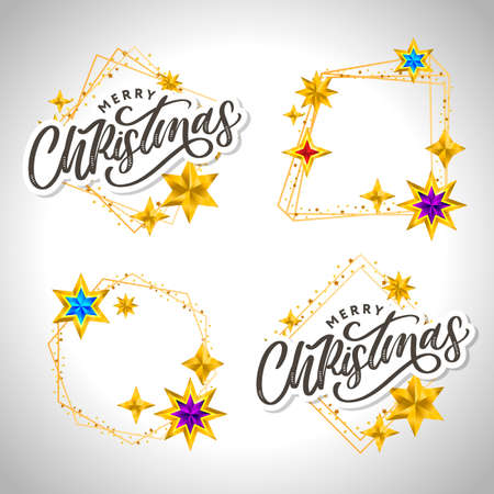 Merry Christmas card with hand drawn lettering and stars on dark background. Cute holiday frameのイラスト素材
