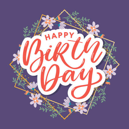 Beautiful happy birthday greeting card with flowers and bird. Vector party invitation with floralのイラスト素材