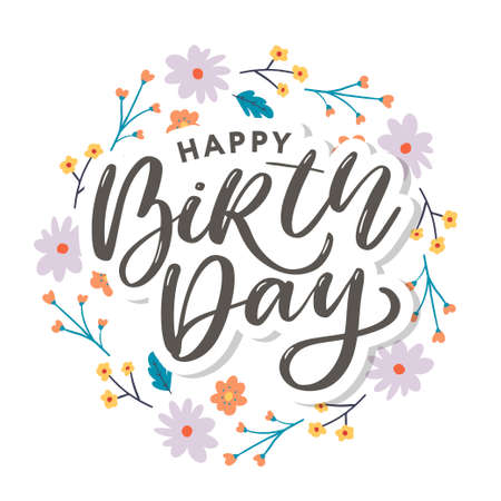 Beautiful happy birthday greeting card with flowers and bird. Vector party invitation with floralのイラスト素材