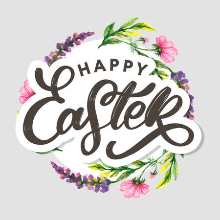 Happy Easter hand sketched logotype, badge typography icon. Lettering Happy Easter with flowers for greeting card, invitation template. Retro, vintage lettering banner poster templateのイラスト素材