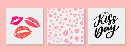 Kiss me greeting card, poster with pink hand drawn watercolor lips. Vector background with ink hand lettering.のイラスト素材