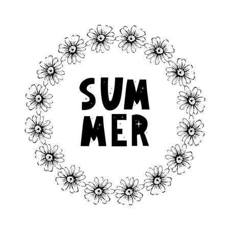Spring Summer chamomile flowers frame composition. Bright spring background design. Vector resizable illustration.のイラスト素材