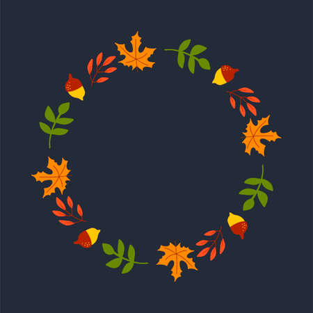 Vector wreath of autumn leaves and fruit in watercolor style. Beautiful round wreath of yellow and red leaves, acorns, berries, cones and branches. Decor for invitations, greeting cards, posters.のイラスト素材