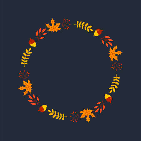 Vector wreath of autumn leaves and fruit in watercolor style. Beautiful round wreath of yellow and red leaves, acorns, berries, cones and branches. Decor for invitations, greeting cards, posters.のイラスト素材
