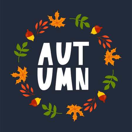 Vector wreath of autumn leaves and fruit in watercolor style. Beautiful round wreath of yellow and red leaves, acorns, berries, cones and branches. Decor for invitations, greeting cards, posters.のイラスト素材