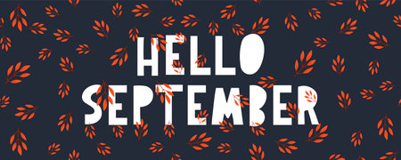 Hand drawn typography lettering phrase Hello, September isolated on the white background with golden wreath. Fun brush ink calligraphy inscription for greeting and invitation card or printのイラスト素材