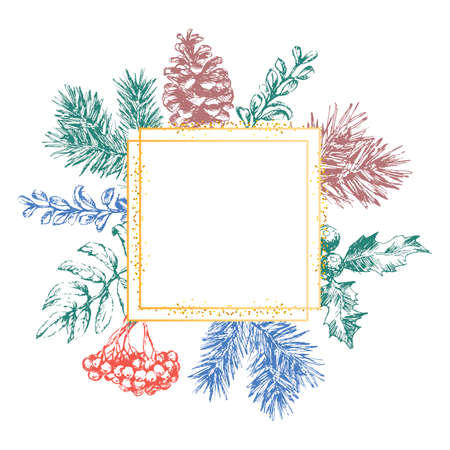 Hand drawn Christmas and New Year invitation card. Hand drawn vector illustration of retro wreath on light background. Winter holiday collectionのイラスト素材