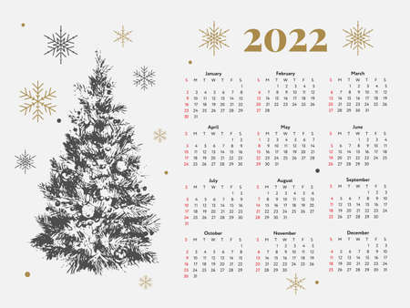 2022 Christmas Tree New Year Sketch Calendar Week starts on Sunday.のイラスト素材