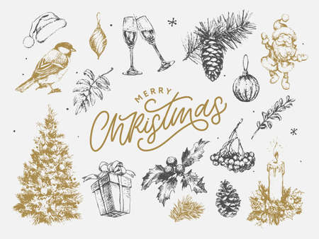 New year and christmas set sketch illustrationのイラスト素材