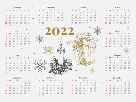2022 Christmas Tree New Year Sketch Calendar Week starts on Sunday.のイラスト素材