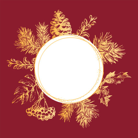 Gold frame Christmas and New Year invitation card. Hand drawn vector illustration of retro wreath on light background. Winter holiday collectionのイラスト素材