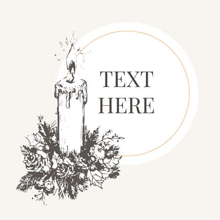 Hand drawn Christmas and New Year invitation card. Hand drawn vector illustration of retro wreath on light background. Winter holiday collectionのイラスト素材