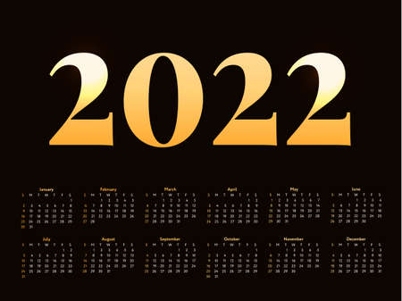 2022 Christmas lettering golden New Year Sketch Calendar Week starts on Sunday.のイラスト素材