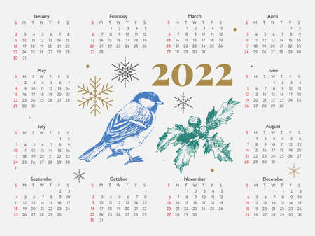 2022 Christmas Tree New Year Sketch Calendar Week starts on Sunday.のイラスト素材