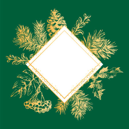 Gold frame Christmas and New Year invitation card. Hand drawn vector illustration of retro wreath on light background. Winter holiday collectionのイラスト素材