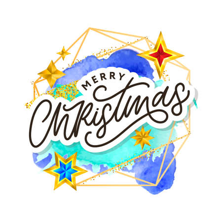 Merry Christmas text decorated with hand drawn lettering with gold stars. Greeting card design element. Vector typography.のイラスト素材