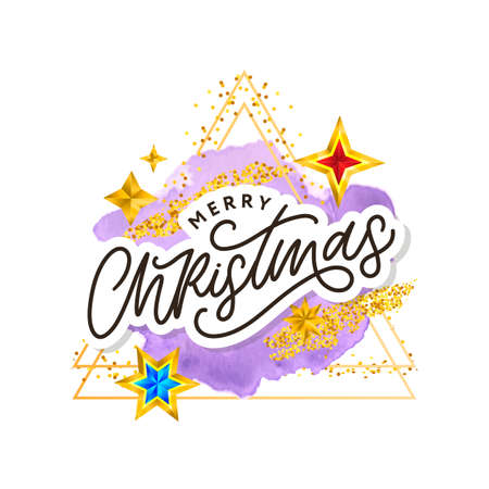 Merry Christmas text decorated with hand drawn lettering with gold stars. Greeting card design element. Vector typography.のイラスト素材