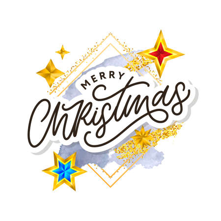 Merry Christmas text decorated with hand drawn lettering with gold stars. Greeting card design element. Vector typography.のイラスト素材