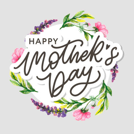 Happy Mothers Day lettering. Handmade calligraphy vector illustration. Mothers day card with flowersのイラスト素材