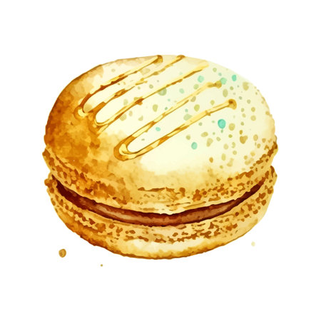 Watercolor image of blue macaroon decorated with bright pink daisy flowers isolated on white background. Hand drawn illustration of popular crunchy dessert for cafe decorationのイラスト素材