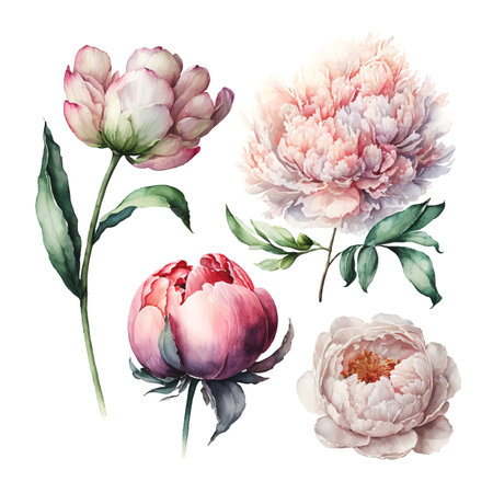 Vector flower illustration, Pink peony set on a white background. Watercolor styleのイラスト素材