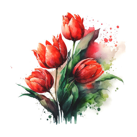Illustration of watercolor hand drawn set of colorful red tulips bouquet isolated on white background. Spring flowers. Card for Mothers day, 8 March, wedding.のイラスト素材