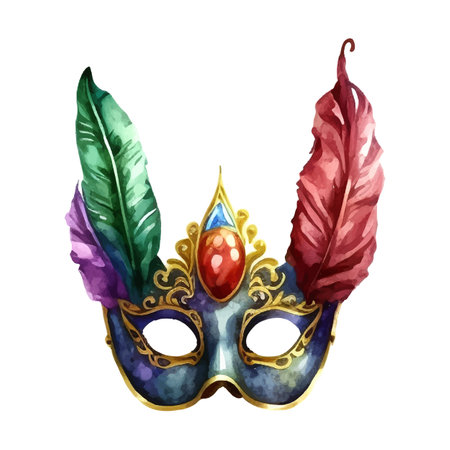 Carnival venetian mask with feathers colored drawing, realistic Watercolor illustrationのイラスト素材