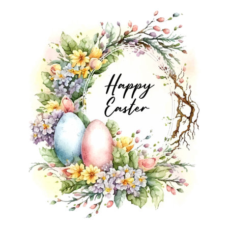 Happy Easter Vector eggs flowers illustration of watercolor cute greeting frame. Pictures and objects for poster, invitation, postcard or backgroundのイラスト素材