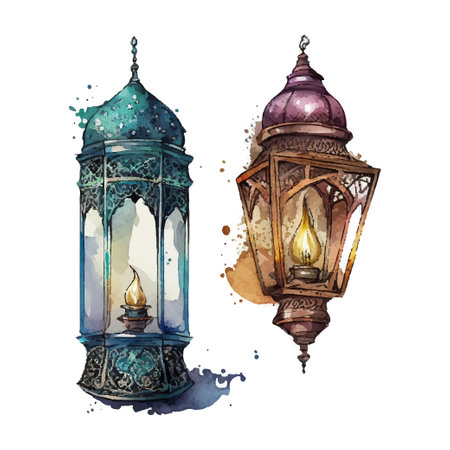 Ramadan Kareem islamic lantern watercolor illustration vectorのイラスト素材