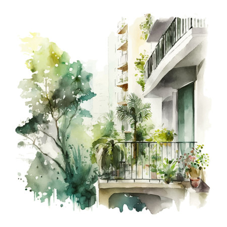 Houseplants on the balcony. Room full of plants, view through the window. Urban jungle concept Watercolorのイラスト素材