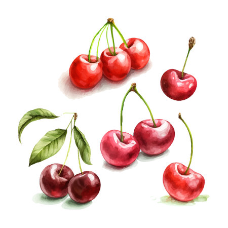 Hand drawn watercolor painting cherry on white background. Vector illustration of berriesのイラスト素材