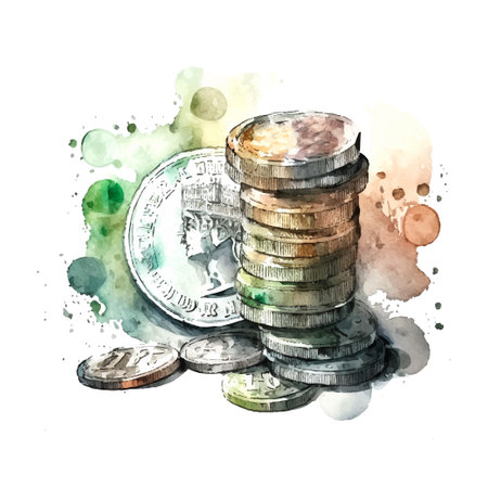 Coins stack vector illustration, watercolor, coins pile, coins money, one golden coin standing on stacked gold coins modern design isolated on white backgroundのイラスト素材