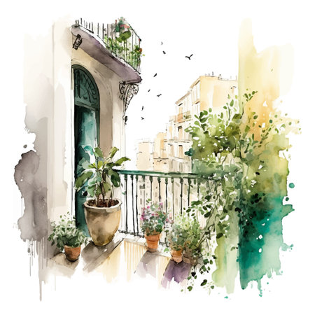Houseplants on the balcony. Room full of plants, view through the window. Urban jungle concept Watercolorのイラスト素材
