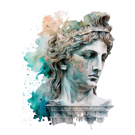 Contemporary art with antique statue head watercolor illustration. Work of art of the era of excitement. Hand drawing illustration Period of Renaissance. Sculpture of Michelangelo.のイラスト素材