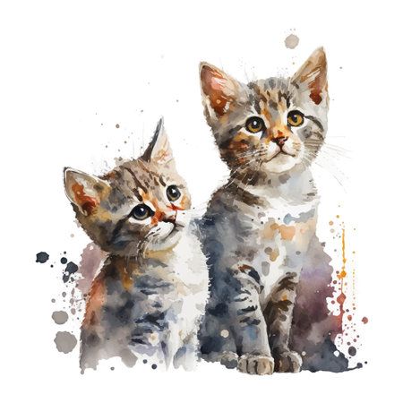 Pair of cute fluffy kittens. Imitation of watercolor painting.のイラスト素材