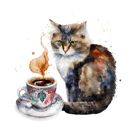Turkish Cat with coffee cup. Watercolor Vector illustration for coffee houses. Can be used for menu, logo or flyer, greeting card, design t-shirt, print or poster.のイラスト素材