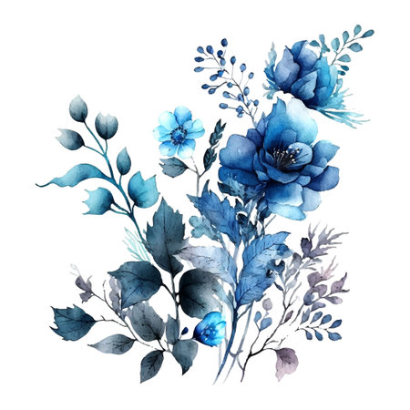 Watercolor Dusty blue rose, white hydrangea, ranunculus, anemone, eucalyptus, vector design bouquet. Wedding seasonal flowers. Floral compositionのイラスト素材