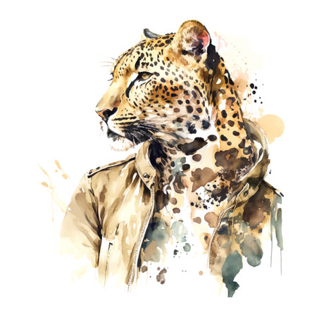 Portrait of Leopard in suit. Hand drawn illustration. Vector Watercolorのイラスト素材