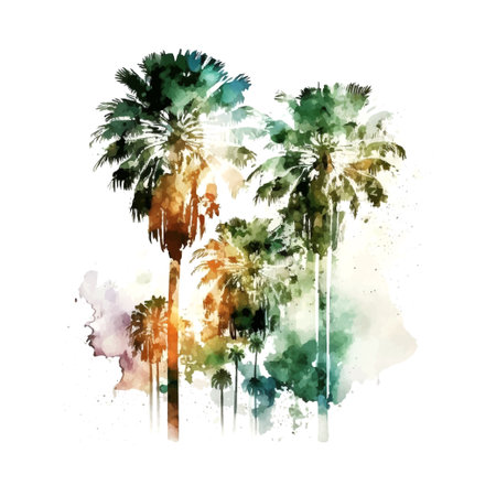 Vector watercolor illustration of a silhouette of palm trees. watercolor textureのイラスト素材