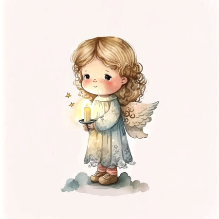 Cute Easter angel with a candle in his hands Watercolor Cartoon Christmas on white backgroundのイラスト素材